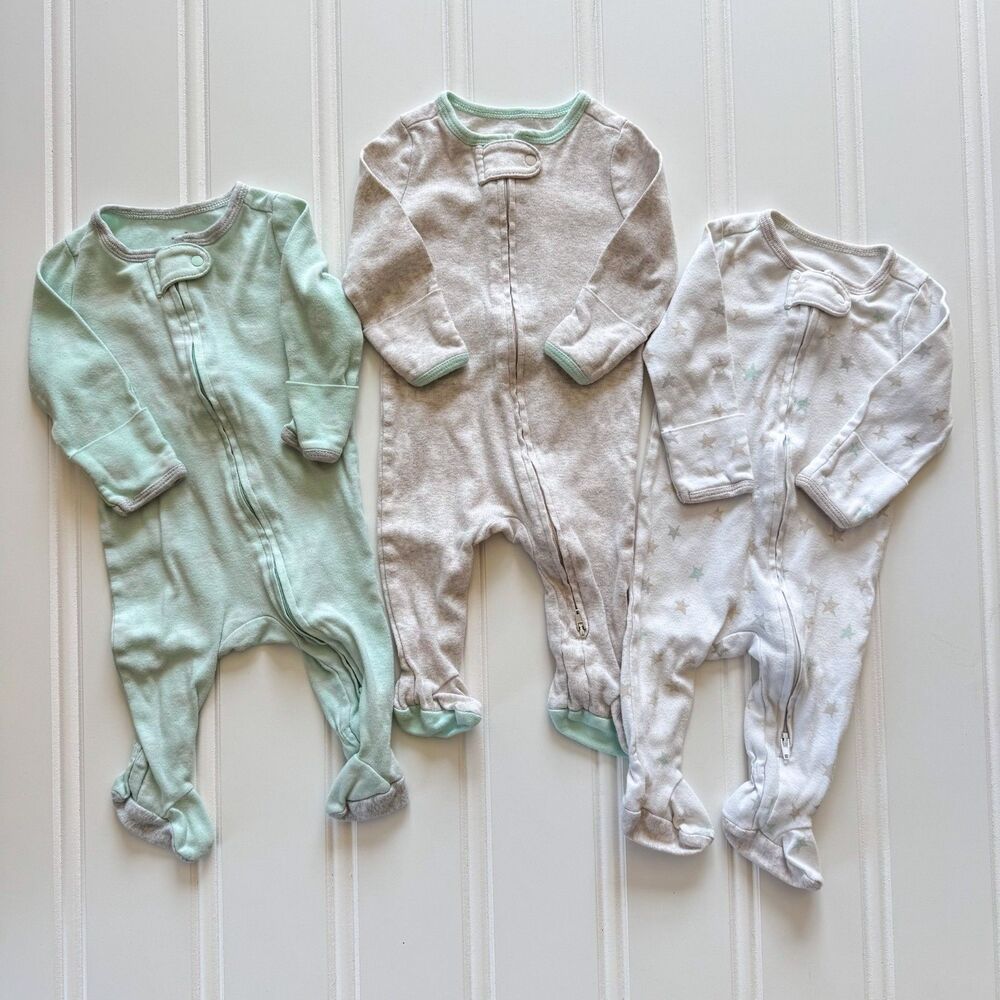 Set of 3 Cloud Island Gender Neutral Cotton Top Down Zip Baby Footies 0-3 Months